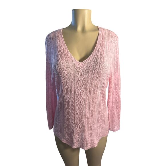 Women L Lauren Ralph Lauren 100% Linen Cable Knit Pink V-Neck Pullover Sweater - Picture 2 of 6